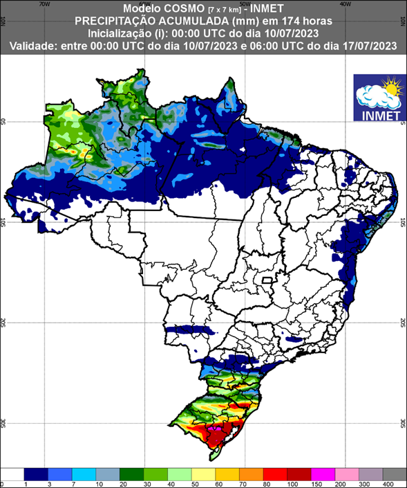 Previsão de chuva para 1ª semana (de 10/07/2023 a 17/07/2023)