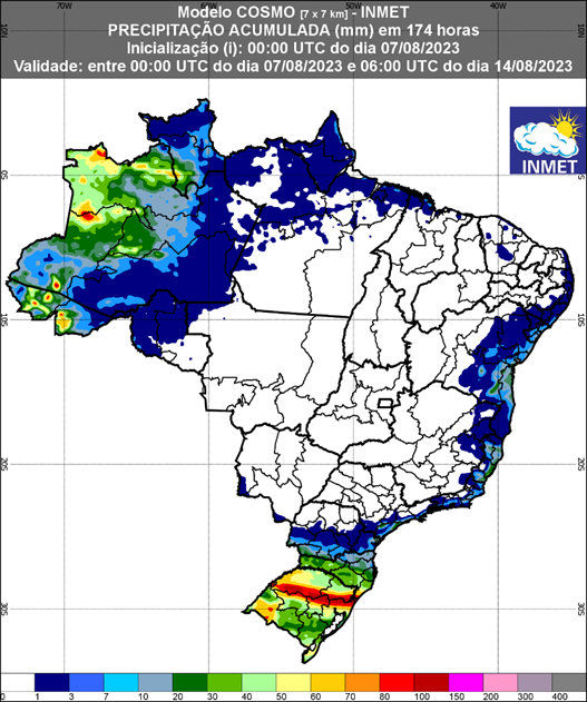 Figura 1: Previsão de chuva para 1ª semana (07/08/2023 a 14/08/2023); fonte: Inmet