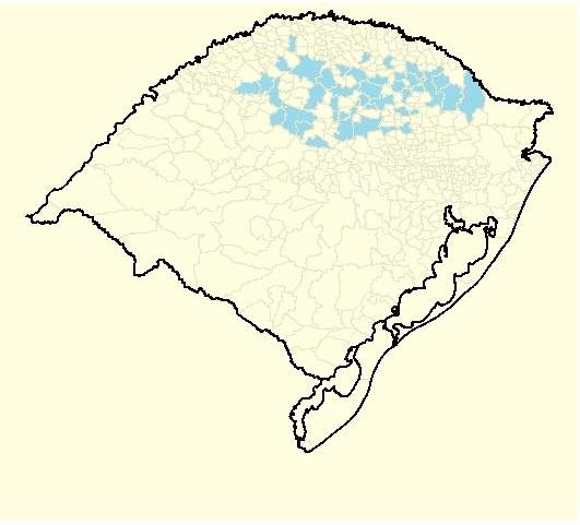 Figura 2– Região, em azul, infestada com azevém (Lolium multiflorum) resistente aos inibidores da ALS no Rio Grande do Sul. Embrapa Trigo, 2015.