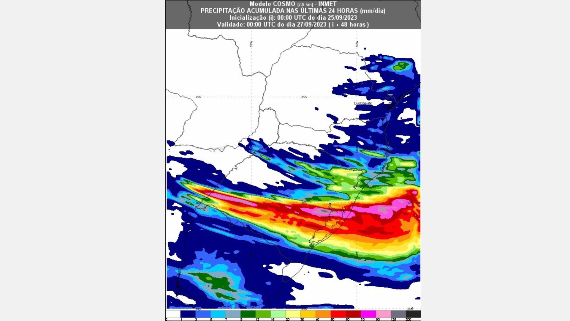 &nbsp;Imagem: previsão de acumulado de chuva para 48h, da 00UTC do 25/09 (21h do dia 24/09 - horário de Brasília) até a 00UTC do dia 27/09 (21h do dia 26/09 - horário de Brasília)&nbsp;