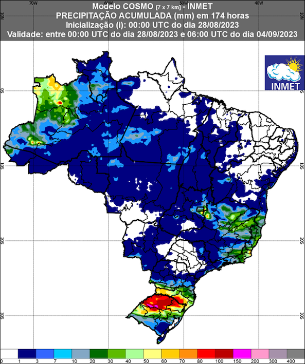 Figura 1 - previsão de acumulados de chuva entre&nbsp;28 de agosto e 4 de setembro