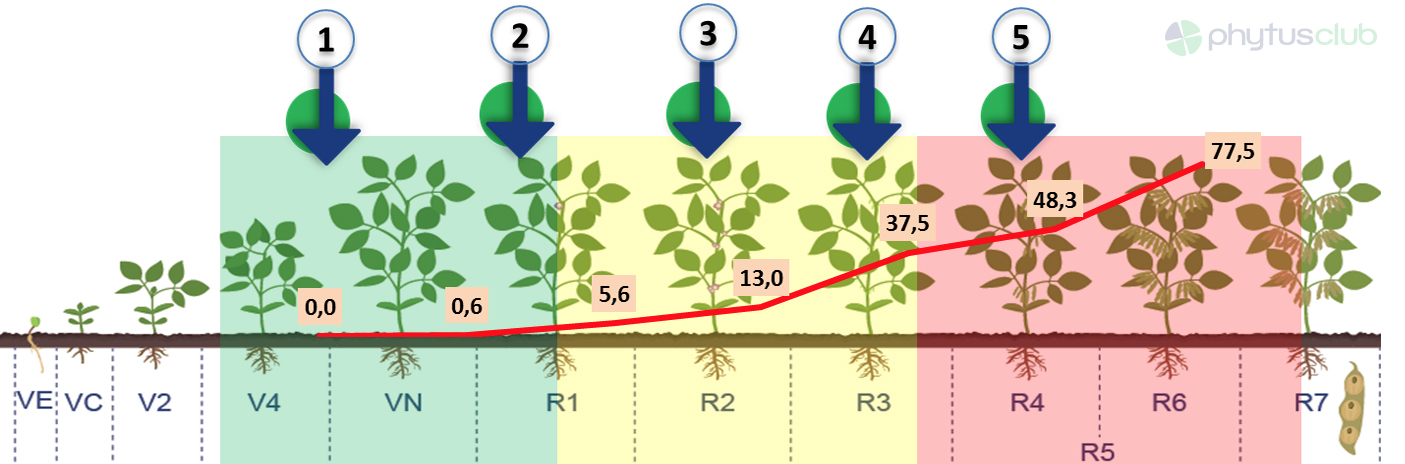 Figura 3 - Estádios fenológicos da cultura da soja e progresso da ferrugem da soja no tratamento testemunha. Setas indicam aplicações e as cores indicam o caráter preventivo (verde), curativo (amarelo) e erradicativo (vermelho). *Tais momentos podem variar em função da cultivar, época de semeadura e condições ambientais.