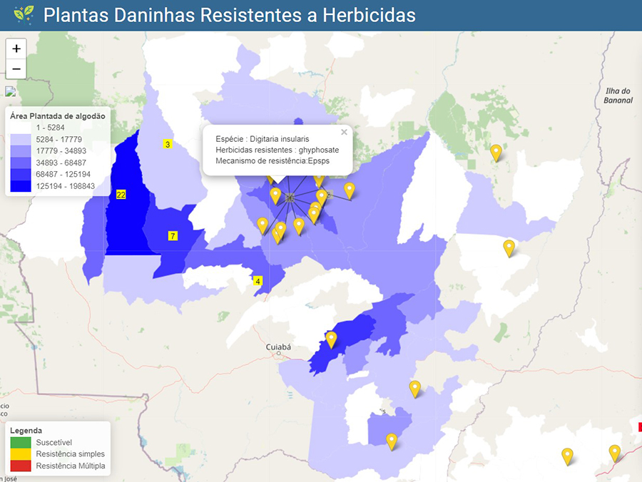 Pontos de ocorrência de resistência a herbicidas, em áreas de plantio de algodão no Mato Grosso