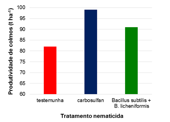 Figura 2. Produtividade da cana-soca conduzida em área infestada por nematoides, tratada com nematicida químico (carbosulfan) ou biológico (Bacillus subtilus + B. licheniformis) e não tratada (testemunha).