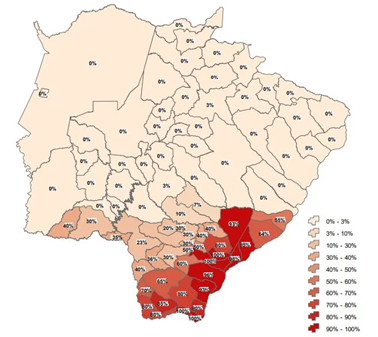Figura 1: Porcentagem de lavouras ruins por municípios do Sul do Estado do MS: Fonte Aprosoja