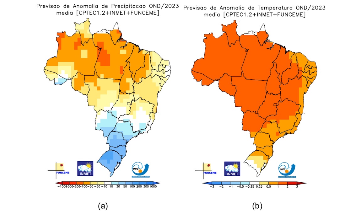 Figura 3 - Previsão de anomalias de (a) precipitação (chuva) e (b) temperatura média do ar para o trimestre outubro, novembro e dezembro/2023, elaborada conjuntamente pelo Inmet, CPTEC/INPE e Funcema