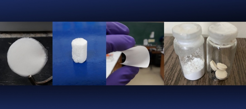 A primeira e a terceira foto mostram o papel feito com a celulose de cana fosforilada; a segunda foto ilustra a estrutura 3D do material composto por celulose e nutriente; e, na quarta imagem, vemos as micropartículas em pó e os tabletes de nanocelulose já moldados. - Fotos: Acervo dos pesquisadores