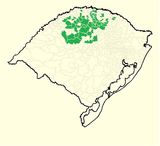 Figura 3 – Região, em verde, infestada com azevém (Lolium multiflorum) resistente aos inibidores da ACCase no Rio Grande do Sul. Embrapa Trigo, 2015.