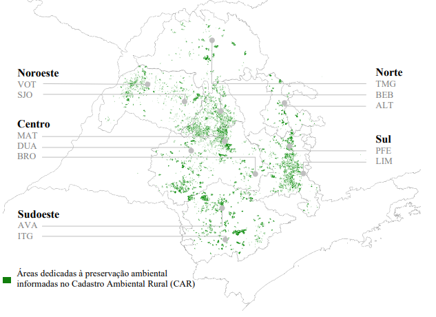 Localização das áreas dedicadas à preservação ambiental no interior das propriedades de citros