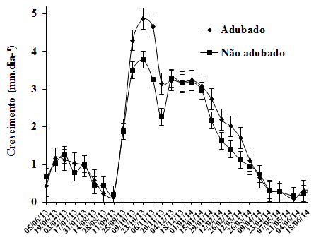 Figura 3. Crescimento vegetativo de ramo plagiotrópico de cafeeiro adubado e não adubado em Rondônia. As barras representam o erro padrão da média.