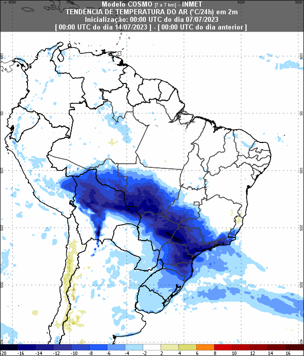 Tendência de queda na temperatura para às 00 UTC do dia 14/07 – 21h (horário de Brasília) do dia 13/07