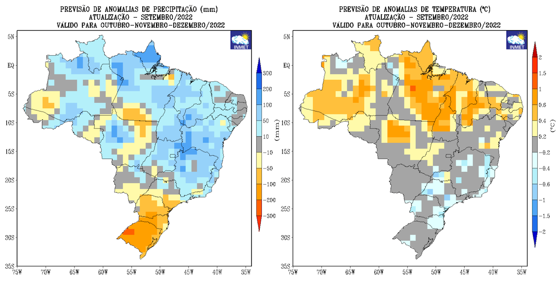 Previsão de anomalias de (a) precipitação e (b) temperatura média do ar do modelo estatístico do INMET para o trimestre Outubro, Novembro e Dezembro/2022