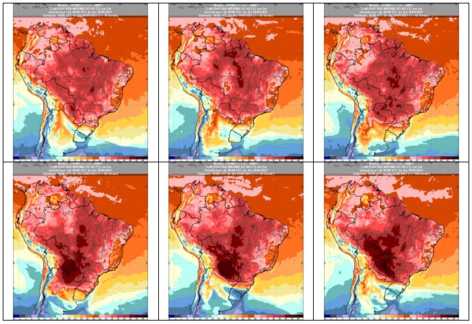Figura 2: previsão do Modelo Cosmo 7km para as temperaturas máximas de segunda-feira (18) até sábado (23)