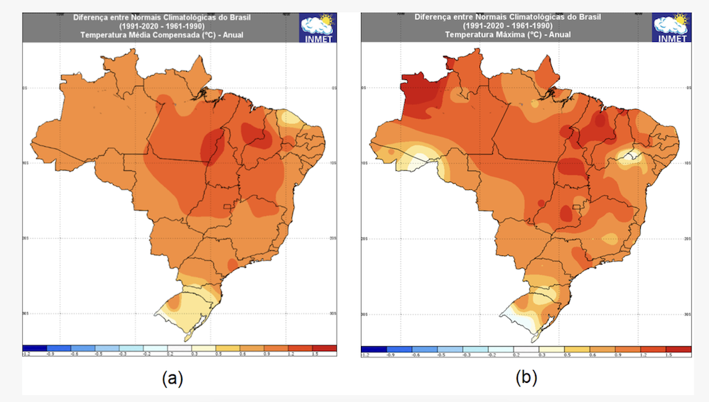 Figura 1: (a) temperatura média compensada (°C); e (b) temperatura máxima (°C)