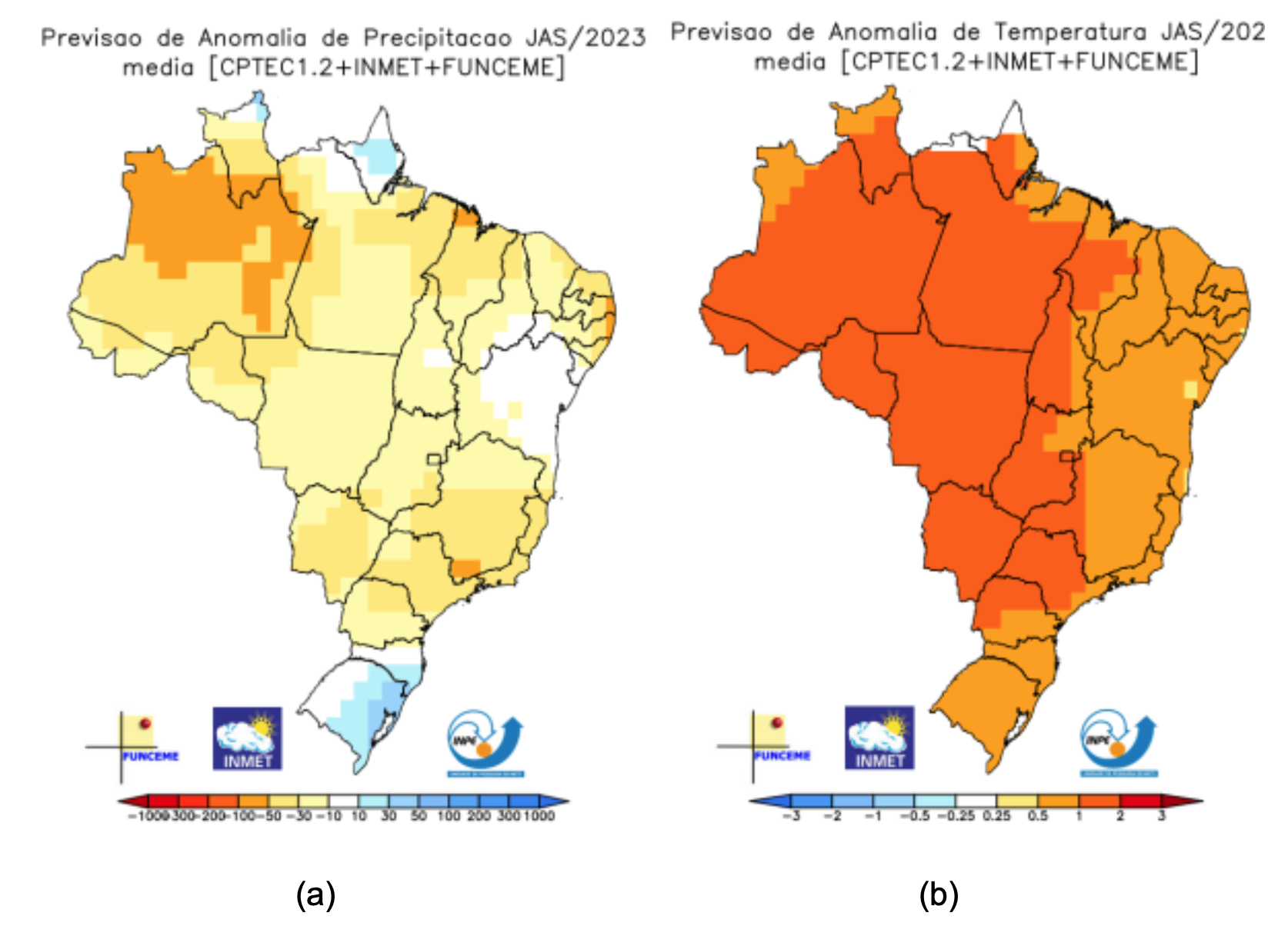 Previsão de anomalias de (a) precipitação e (b) temperatura média do ar do multi-modelo INPE/INMET/FUNCEME para o trimestre JAS/2023