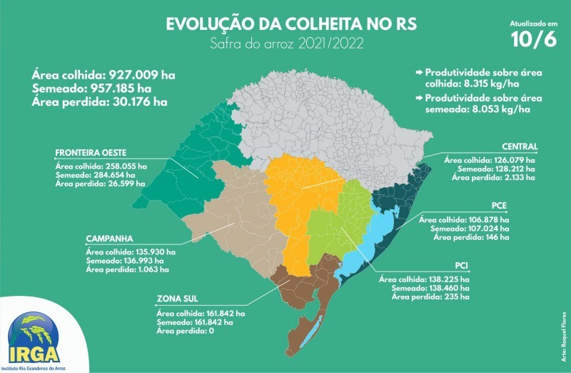 Evolução da colheita do arroz no RS. - Foto: Divulgação