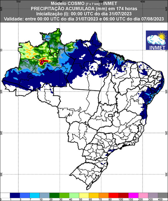 Figura 1: previsão de chuva para 1ª semana (31/07/2023 a 07/08/2023); Fonte: Inmet