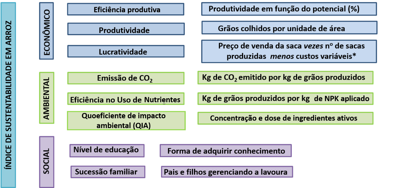 Figura 3. Indicadores de sustentabilidade que compõem o índice de classificação de sustentabilidade de lavouras de arroz do Rice Money Maker.&nbsp;*Diesel de preparo, sementes, fertilizantes e defensivos agrícolas.