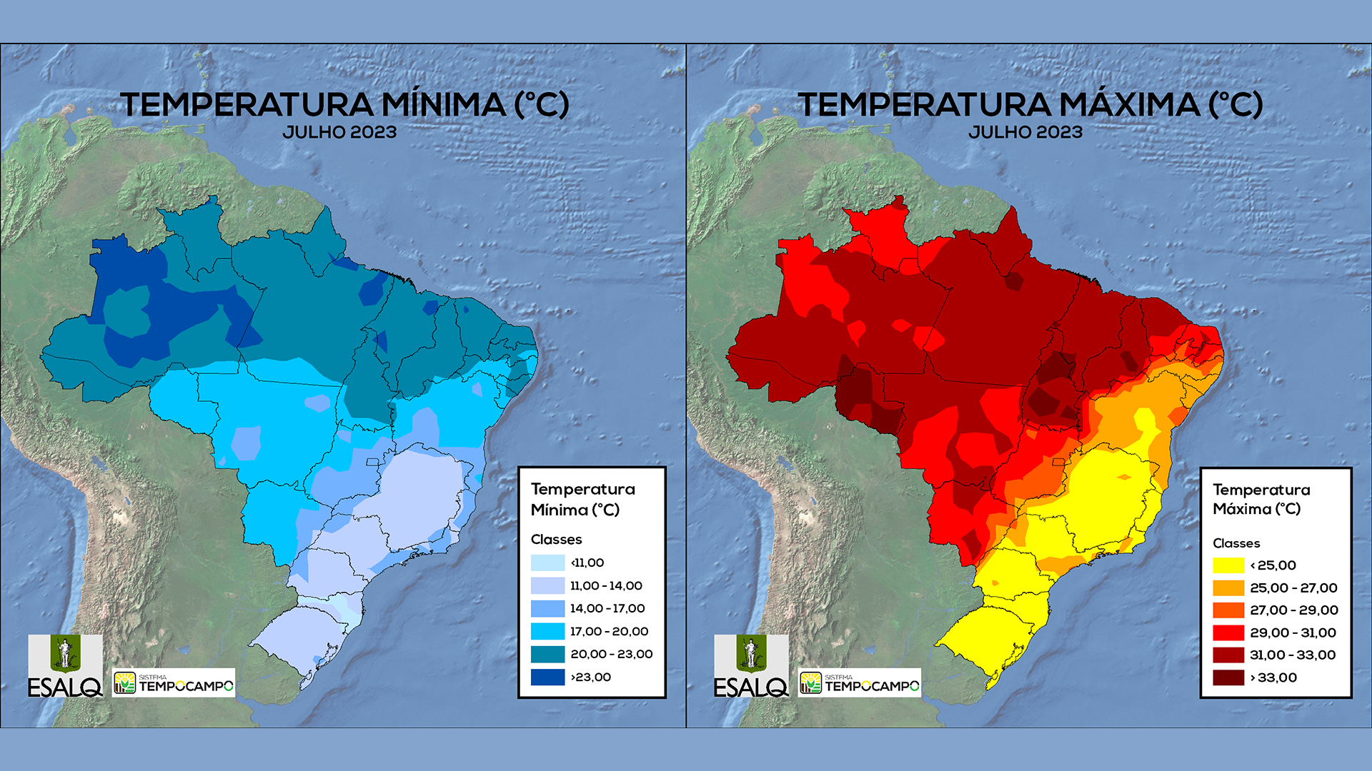 Temperaturas mínimas e máximas registradas no Brasil no mês de julho