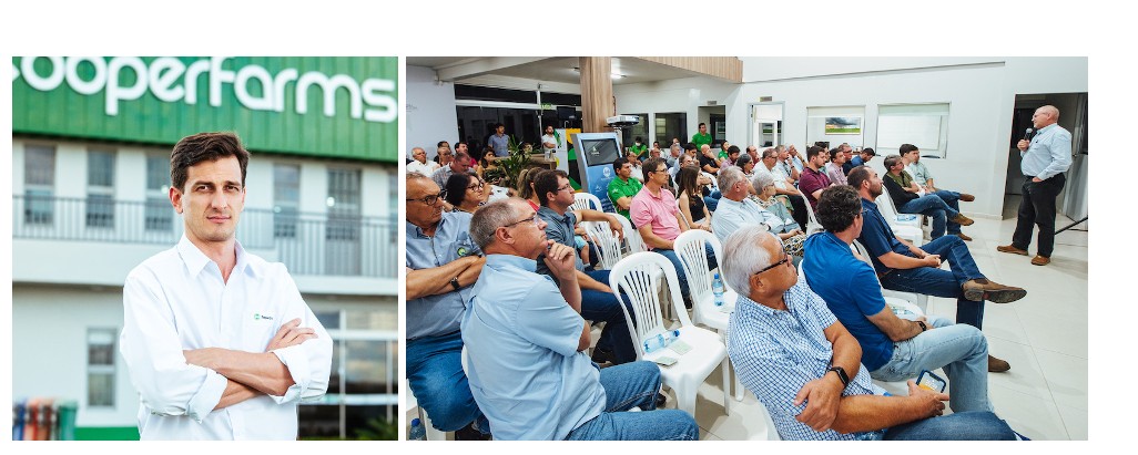 “A decisão pela aquisição dessa nova e moderna estrutura de armazenagem de defensivos agrícolas foi tomada após muito diálogo com os cooperados", disse Marcelo Kappes; à direita, assembleia realizada na última sexta-feira (Foto: Júnior Ferrari)