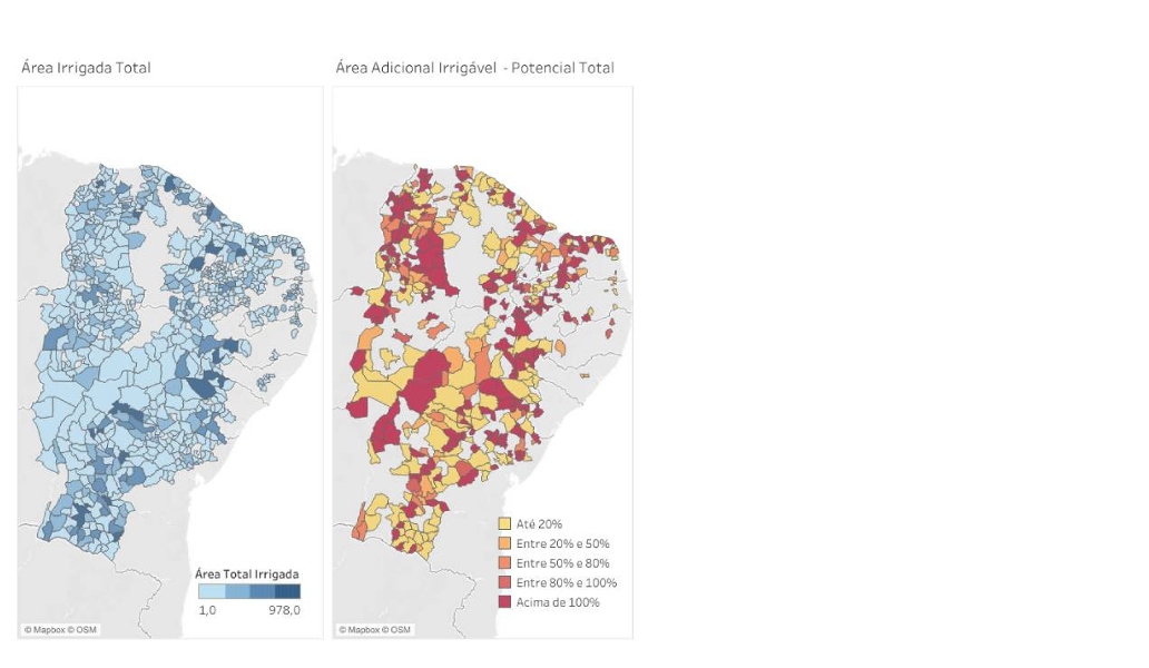 Mapas com total de áreas irrigadas e área adicional irrigável