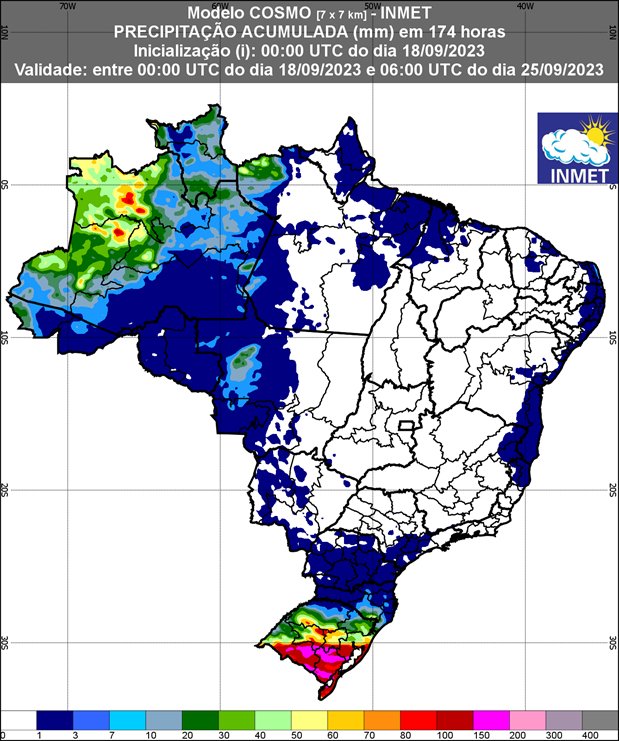 Figura 1: previsão de chuva para 1ª semana (18/09/2023 e 25/09/2023); fonte: Inmet