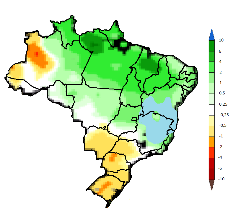 Figura 2 -&nbsp;

Variação, espacial da categoria mais provável das anomalias de precipitação para o mês de dezembro de 2021.&nbsp;Adaptado com base nos modelos de previsão do Centro de Previsão Climática do NOAA. Fonte:&nbsp;https://www.cpc.<wbr>ncep.noaa.gov