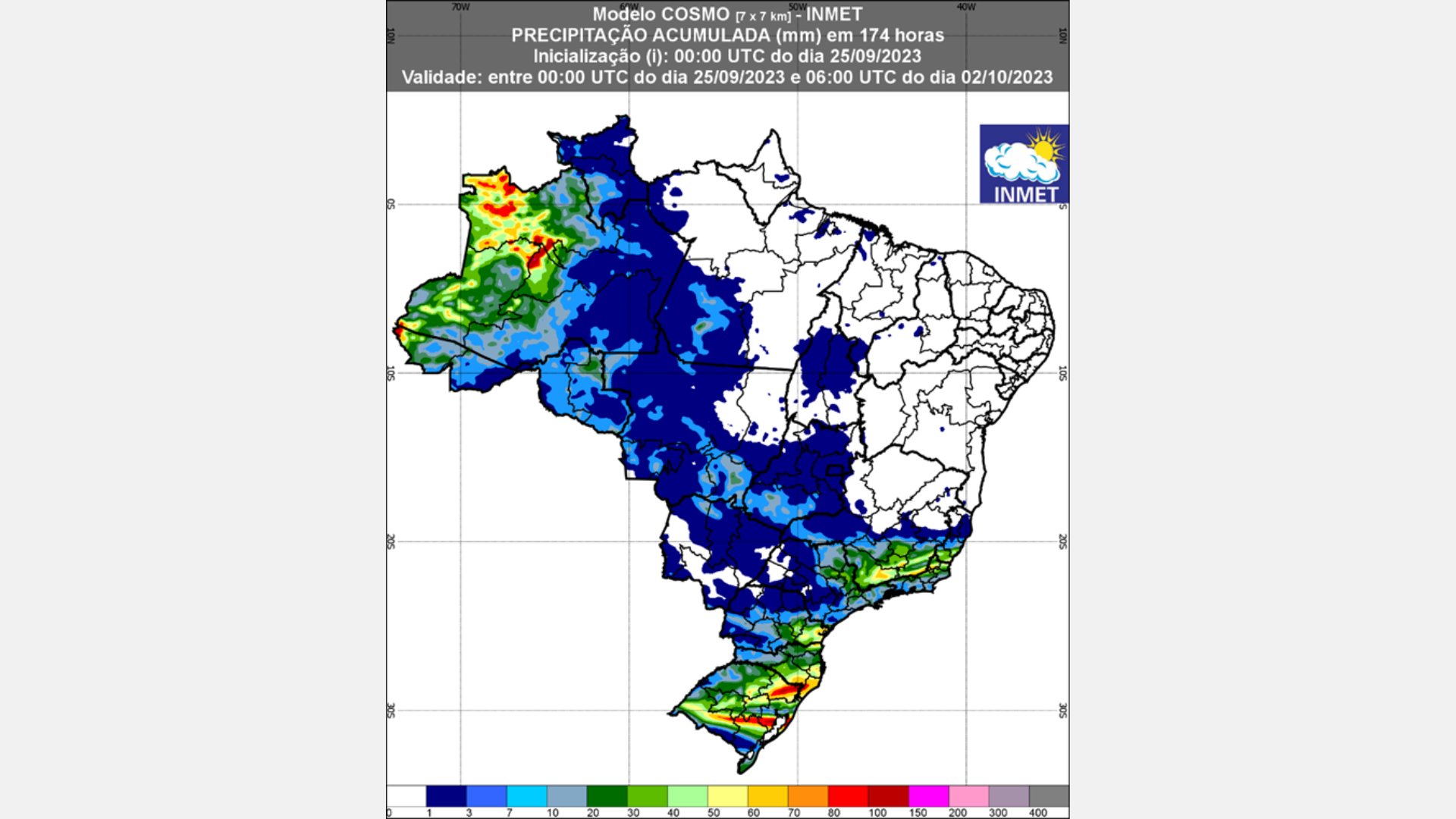 Figura 1: Previsão de chuva para 1ª semana (25/09/2023 e 02/10/2023); fonte: Inmet