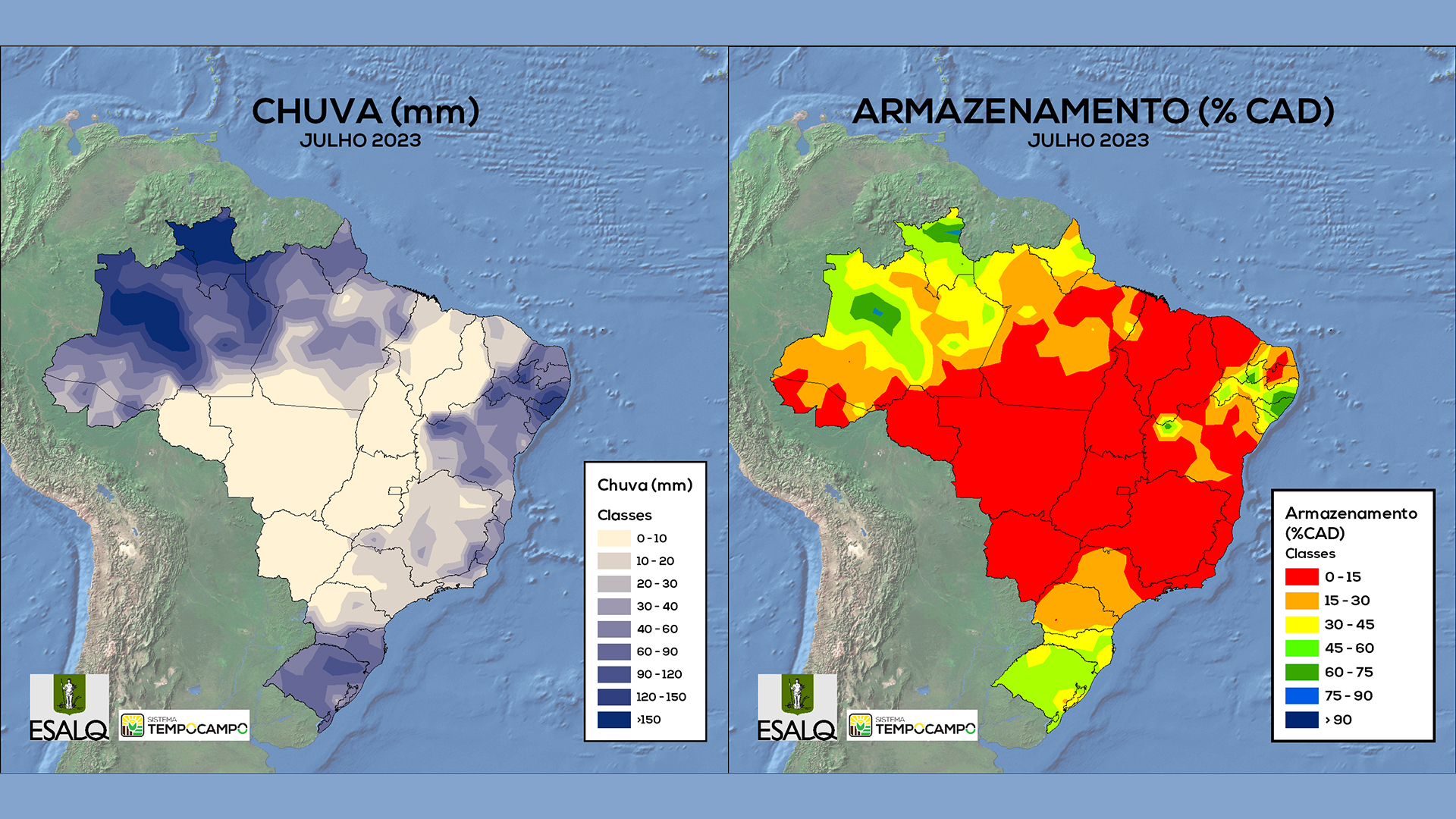 Precipitação e capacidade de armazenamento no Brasil no mês de julho