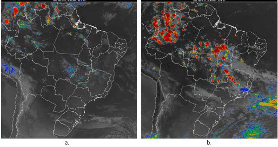 Figura 2: imagem de satélite dos dias: (a) 05/08/2023, às 01:20UTC (22h20min no horário de Brasília) e (b) 30/08/2023 21:40UTC (18h40min do horário de Brasília)