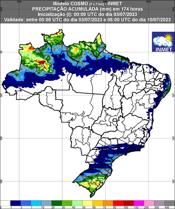 Figura 1: Previsão de chuva para 1ª semana (03/07/2023 a 10/07/2023). Fonte: INMET.