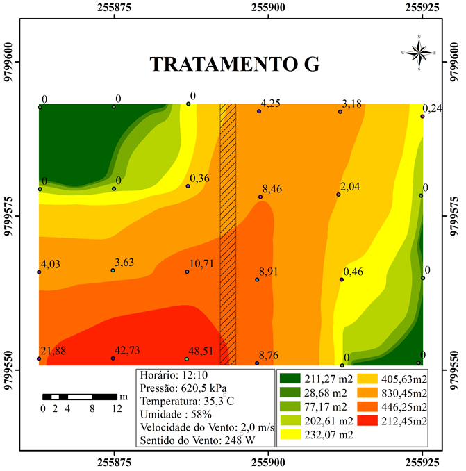 Figura 1 - Isolinhas da distribuição espacial da deriva de aplicação de acaricida em citros. Método do inverso do quadrado da distância(IQD). Fonte: Pita, 2015 (https://alsafi.ead.unesp.br/bitstream/handle/11449/132173/000855287.pdf?sequence=1&amp;isAllowed=y)