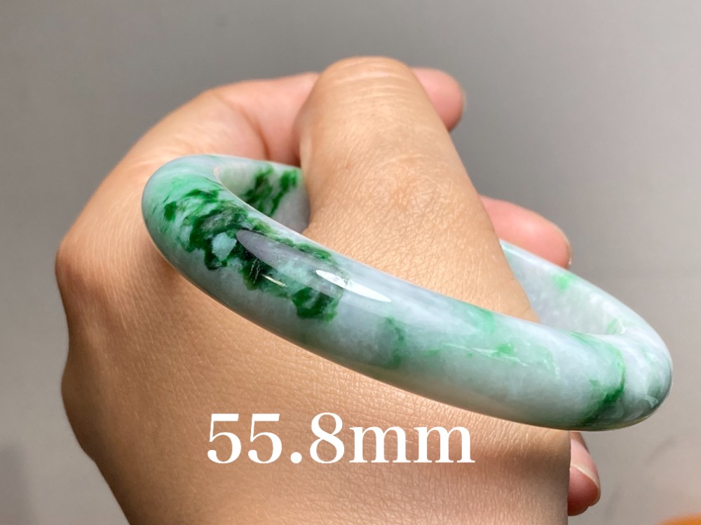 BG5-3 美品 花緑 55.8MM 真ん丸 ミャンマー産 天然本翡翠 バングル