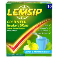 Lemsip Cold & Flu Headcold 500mg Powder for Oral Solution Lemon & Menthol Flavour 10 Sachets