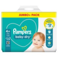 Pampers Baby-Dry Size 4+, 76 Nappies, 10kg - 15kg, Jumbo+ Pack