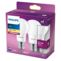 Philips LED Frosted E27 Edison Screw 8W (60 Equivalent) Non-Dimmable Warm White 2 Pack