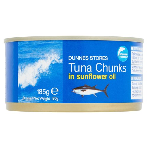 <br/><b>Pack Size</b><br/>185g ℮<br/><b>Usage Other Text</b><br/>Number of servings per pack: 2 approx.<br/><br/><b>Usage Count</b><br/>Number of uses - Servings - 2<br/><br/><br/><b>Ingredients</b><br/>Skipjack Tuna (<span style='font-weight: bold;'>Fish</span>)<br/>Sunflower Oil<br/>Salt<br/><br/><b>Allergy Advice</b><br/>For allergens, see ingredients in bold.<br/><br/><br/><b>Storage Type</b><br/>Ambient<br/><br/><b>Storage</b><br/>Once opened, remove from can and place in a non-metallic container, keep refrigerated and consume within 24 hours.<br/>
For Best Before: See Can End.<br/><br/><b>Preparation and Usage</b><br/>Drain the oil before use.<br/><br/>Country of Origin - Spain<br/>Packed In - Spain<br/><br/><b>Origin</b><br/>Produced and packed in Spain<br/><br/><b>Company Name</b><br/>Dunnes Stores / Dunnes Stores (Bangor) Ltd.<br/><br/><b>Company Address</b><br/>Dunnes Stores,<br/>
46-50 South Great George's Street,<br/>
Dublin 2.<br/>
<br/>
Dunnes Stores (Bangor) Ltd.,<br/>
28 Hill Street,<br/>
Newry,<br/>
Co. Down,<br/>
BT34 1AR.<br/><br/><b>Return To</b><br/>Dunnes Stores,<br/>
46-50 South Great George's Street,<br/>
Dublin 2.<br/>
<br/>
Dunnes Stores (Bangor) Ltd.,<br/>
28 Hill Street,<br/>
Newry,<br/>
Co. Down,<br/>
BT34 1AR.<br/>