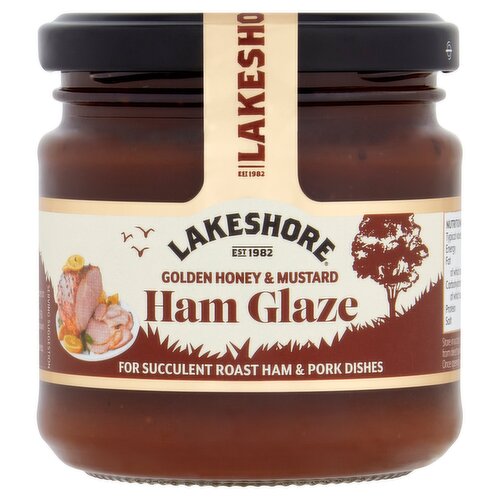 Golden Honey & Mustard Ham Glaze<br/><br/><b>Features</b><br/>For Succulent Roast Ham & Pork Dishes<br/><br/><b>Pack Size</b><br/>185g ℮<br/><br/><br/><b>Ingredients</b><br/>Rapeseed Oil<br/>Sugar<br/>Vinegar (Apple Cider Vinegar, Spirit Vinegar)<br/>Honey (6%)<br/><span style='font-weight: bold;'>Soy</span> Sauce (<span style='font-weight: bold;'>Soybeans</span>, Water, <span style='font-weight: bold;'>Wheat</span> Flour, Salt)<br/>Water<br/>Caramelised Sugar<br/><span style='font-weight: bold;'>Mustard</span> Flour (1%)<br/>Apple Extract<br/>Salt<br/>Acidity Regulator: Citric Acid<br/>Thickeners: Xanthan Gum, Guar Gum<br/>Preservative: Potassium Sorbate<br/><br/><b>Allergy Advice</b><br/>For allergens, see ingredients in <span style='font-weight: bold;'>bold</span>.<br/><br/><br/><b>Allergy Text</b><br/>May contain traces of Egg, Milk and Celery.<br/><br/><br/><b>Storage Type</b><br/>Ambient<br/><br/><b>Storage</b><br/>Store in a cool, dry place away from direct sunlight.<br/>
Once opened, keep refrigerated.<br/>
Best Before: See Jar<br/><br/><b>Preparation and Usage</b><br/>For perfect roast ham<br/>
Simply boil ham as usual then remove skin and score fat in a diamond pattern. Spread generously with Ham Glaze, stud with whole cloves and bake for 20-30 minutes at 200°C/400°F/Gas Mark 6 until golden brown.<br/><br/><b>Company Name</b><br/>Lakeshore<br/><br/><b>Company Address</b><br/>Boyne Valley Group,<br/>
Platin Road,<br/>
Drogheda,<br/>
Co. Meath,<br/>
Ireland.<br/><br/><b>Web Address</b><br/>www.lakeshore.ie<br/><br/><b>Return To</b><br/>Lakeshore,<br/>
Boyne Valley Group,<br/>
Platin Road,<br/>
Drogheda,<br/>
Co. Meath,<br/>
Ireland.<br/>
www.lakeshore.ie<br/>
