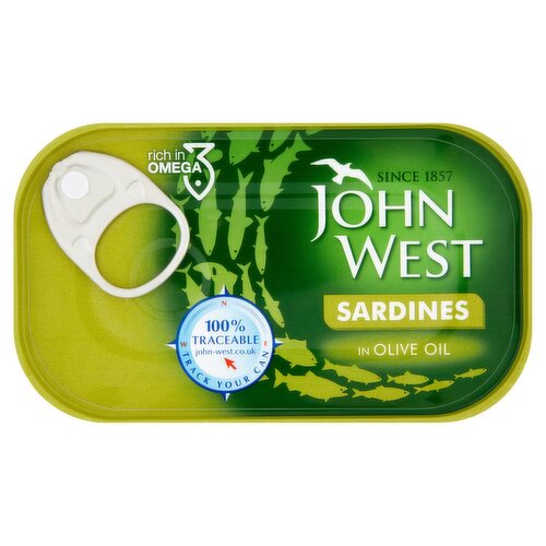 Sardines in Olive Oil<br/><br/><b>Further Description</b><br/>100% Traceable<br/>
Track your can<br/>
john-west.co.uk<br/><br/><b>Nutritional Claims</b><br/>Rich in omega 3<br/><br/><b>Features</b><br/>Rich in omega 3 - when drained this can contains 1.8g of omega 3<br/><br/><b>Pack Size</b><br/>120g ℮<br/><br/><br/><b>Ingredients</b><br/><span style='font-weight: bold;'>Sardines</span><br/>Olive Oil<br/>Salt<br/><br/><b>Storage Type</b><br/>Ambient<br/><br/><b>Storage</b><br/>Once opened, keep any unused product covered, refrigerated and consume within 2 days.<br/>
For Best Before End: See Side of Can<br/><br/>Country of Origin - Morocco<br/><br/><b>Origin</b><br/>Produced in Morocco<br/><br/><b>Company Name</b><br/>John West Foods Ltd.<br/><br/><b>Company Address</b><br/>Liverpool,<br/>
L3 1BP,<br/>
UK.<br/><br/><b>Web Address</b><br/>www.john-west.co.uk<br/><br/><b>Return To</b><br/>Drop us a line at: ahoy-there@john-west.com<br/>
John West Foods Ltd.,<br/>
Liverpool,<br/>
L3 1BP,<br/>
UK.<br/>
www.john-west.co.uk<br/>