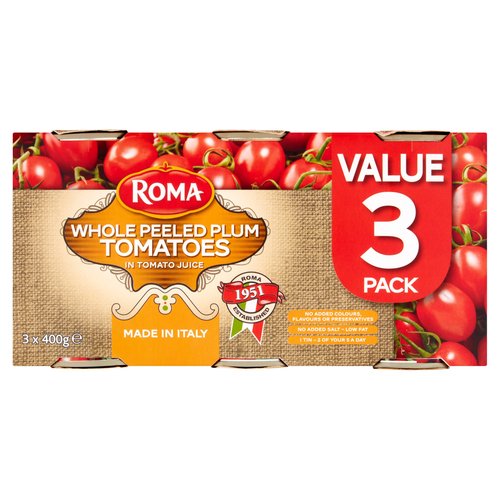 Roma Whole Peeled Plum Tomatoes in Tomato Juice 3 x 400g