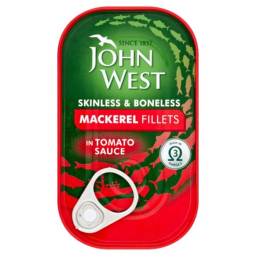 Mackerel Fillets in Tomato Sauce<br/><br/><b>Nutritional Claims</b><br/>High in Omega 3<br/><br/><b>Features</b><br/>Skinless & Boneless<br/>High in Omega 3<br/><br/><b>Pack Size</b><br/>125g ℮<br/><br/><br/><b>Ingredients</b><br/><span style='font-weight: bold;'>Mackerel</span> Fillets (52%)<br/>Concentrated Tomato Paste (24%)<br/>Water<br/>Sunflower Oil<br/>Salt<br/>Sugar<br/>White Pepper<br/><br/><b>Allergy Text</b><br/>May contain traces of <span style='font-weight: bold;'>Mustard</span>.<br/><br/><br/><b>Safety Warning</b><br/>ALTHOUGH CARE IS TAKEN WHEN PREPARING OUR FISH, SOME BONES MAY REMAIN.<br/><br/><b>Storage Type</b><br/>Ambient<br/><br/><b>Storage</b><br/>Once opened, keep any unused product covered, refrigerated and consume within 2 days.<br/>
For Best Before End and Ocean of Catch: See Side of Can<br/><br/><b>Company Name</b><br/>John West Foods Ltd / John West, ISI Ltd<br/><br/><b>Company Address</b><br/>John West Foods Ltd,<br/>
Liverpool,<br/>
L3 1BP,<br/>
UK.<br/>
<br/>
John West, ISI Ltd,<br/>
14 Classon House,<br/>
Dundrum,<br/>
Dublin 14,<br/>
Ireland.<br/><br/><b>Durability after Opening</b><br/>Consume Within - Days - 2<br/><br/><b>Web Address</b><br/>www.john-west.com<br/><br/><b>Return To</b><br/>John West Foods Ltd,<br/>
Liverpool,<br/>
L3 1BP,<br/>
UK.<br/>
<br/>
John West, ISI Ltd,<br/>
14 Classon House,<br/>
Dundrum,<br/>
Dublin 14,<br/>
Ireland.<br/>
Drop us a line at: ahoy-there@john-west.com<br/>
www.john-west.com<br/>