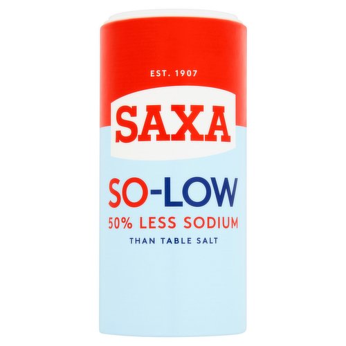 Reduced Sodium Salt<br/><br/><b>Features</b><br/>50% less sodium than table salt<br/>Suitable for vegetarians & vegans<br/><br/><b>Lifestyle</b><br/>Suitable for Vegans<br/>Suitable for Vegetarians<br/><br/><b>Pack Size</b><br/>350g ℮<br/><br/><b>Recycling Info</b><br/>Dispenser - Recyclable<br/><br/><br/><b>Ingredients</b><br/>Potassium Chloride (51%)<br/>Salt (48%)<br/>Anti-Caking Agents (Magnesium Carbonate, Potassium Hexacyanoferrate II, Sodium Hexacyanoferrate II)<br/><br/><b>Safety Warning</b><br/>Heath Warning<br/>
Saxa So-Low contains potassium chloride. People with heart or kidney problems should consult their doctor before use. Each 1.5g serving provides approx. 0.40g of potassium.<br/><br/><b>Storage Type</b><br/>Ambient<br/><br/><b>Storage</b><br/>Store in a cool dry place. Reclose lid after use.<br/>
For Best Before End: See Drum.<br/><br/><b>Preparation and Usage</b><br/>Cook's Corner<br/>
Use Saxa So-Low as you would use any other salt. When cooking pasta or rice add to the cooking water to enhance the flavour.<br/><br/><b>Trademark Information</b><br/>Trademarks, designs and logos appearing on this pack are owned by the Premier Foods Group.<br/><br/><b>Telephone Helpline</b><br/>0800 234 6328<br/><br/><b>Return To</b><br/>Customer Quality Guarantee: If your are not entirely satisfied, please retain the packaging and contact our Customer Services either by calling 0800 234 6328 (between 9.30am and 5.00 pm Mondays to Fridays) or by writing to<br/>
Freepost Premier Foods Consumer Relations.<br/>