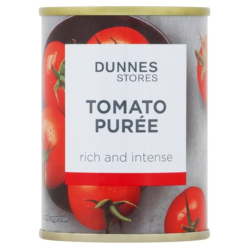 Concentrated Tomato Purée<br/><br/><b>Features</b><br/>Rich and intense concentrated tomato purée<br/>Perfect in Pasta Sauces or on Pizza<br/>Suitable for Vegans<br/><br/><b>Lifestyle</b><br/>Suitable for Vegans<br/><br/><b>Pack Size</b><br/>140g ℮<br/><br/><b>Usage Other Text</b><br/>Number of Servings Per Pack: 9 Approx.<br/><br/><b>Usage Count</b><br/>Number of uses - Servings - 9<br/><br/><b>Recycling Info</b><br/>Can - Metal - Widely Recycled<br/><br/><br/><b>Ingredients</b><br/>Tomatoes (99%)<br/>Salt<br/><br/><b>Storage Type</b><br/>Ambient<br/><br/><b>Storage and Usage Statements</b><br/>Not Suitable for Home Freezing<br/><br/><b>Storage</b><br/>Store in a cool dry place. Once opened, refrigerate in an airtight container. Consume within 3 days of opening. Not suitable for home freezing. For 'best before end' date, see base of can.<br/><br/><b>Preparation and Usage</b><br/>Our Suggestions: Serving<br/>
Ideal for pasta, pizza, casseroles or curries.<br/><br/>Packed In - Italy<br/><br/><b>Origin</b><br/>Packed in Italy<br/><br/><b>Company Name</b><br/>Dunnes Stores<br/><br/><b>Company Address</b><br/>46-50 South Great George's Street,<br/>
Dublin 2.<br/>
<br/>
Store 3,<br/>
Forestside S.C.,<br/>
Upr. Galwally Rd.,<br/>
Belfast,<br/>
BT8 6FX.<br/><br/><b>Durability after Opening</b><br/>Consume Within - Days - 3<br/><br/><b>Return To</b><br/>Dunnes Stores,<br/>
46-50 South Great George's Street,<br/>
Dublin 2.<br/>
<br/>
Dunnes Stores,<br/>
Store 3,<br/>
Forestside S.C.,<br/>
Upr. Galwally Rd.,<br/>
Belfast,<br/>
BT8 6FX.<br/>