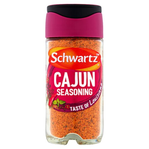 <b>Further Description</b><br/>For recipes and cooking suggestions visit: www.schwartz.co.uk<br/><br/><b>Features</b><br/>Chilli Heat Level - Hot - 3<br/>Taste of Louisiana<br/><br/><b>Pack Size</b><br/>44g ℮<br/><br/><b>Usage Other Text</b><br/>2 tsp = 2 Servings<br/><br/><b>Usage Count</b><br/>Number of uses - Servings - 2<br/><br/><b>Recycling Info</b><br/>Cap - Plastic - Check Local Recycling<br/>Jar - Glass - Widely Recycled<br/><br/><br/><b>Ingredients</b><br/>Salt<br/>Maltodextrin<br/>Chilli Powder (13%) (Chilli Pepper, Cumin, Salt, Oregano, Garlic)<br/>Dried Red Bell Peppers<br/>Black and White Pepper<br/>Cayenne Pepper<br/>Garlic Powder<br/>Allspice (4%)<br/>Ground Coriander Seed<br/>Ground Ginger<br/>Cumin<br/>Ground Fennel Seed<br/>Cardamom<br/>Sunflower Oil<br/>Thyme<br/>Yeast Extract<br/>Flavouring<br/>Anti-Caking Agent (Silicon Dioxide)<br/><span style='font-weight: bold;'>Mustard</span> Flour<br/><br/><b>Storage Type</b><br/>Ambient<br/><br/><b>Storage</b><br/>Store in a cool, dry place out of direct sunlight.<br/><br/><b>Preparation and Usage</b><br/>Shake Well Before Use.<br/>
<br/>
Top Tips... Mix with a little oil to marinate chicken. Sprinkle over steaks, salmon, potatoes, pizzas or stir into baked beans.<br/><br/><b>Company Name</b><br/>Schwartz<br/><br/><b>Company Address</b><br/>Pegasus Way,<br/>
Haddenham,<br/>
Aylesbury,<br/>
Bucks,<br/>
HP17 8LB.<br/><br/><b>Return To</b><br/>Schwartz,<br/>
Pegasus Way,<br/>
Haddenham,<br/>
Aylesbury,<br/>
Bucks,<br/>
HP17 8LB.<br/>
schwartz.enquiries@mccormick.co.uk<br/>
