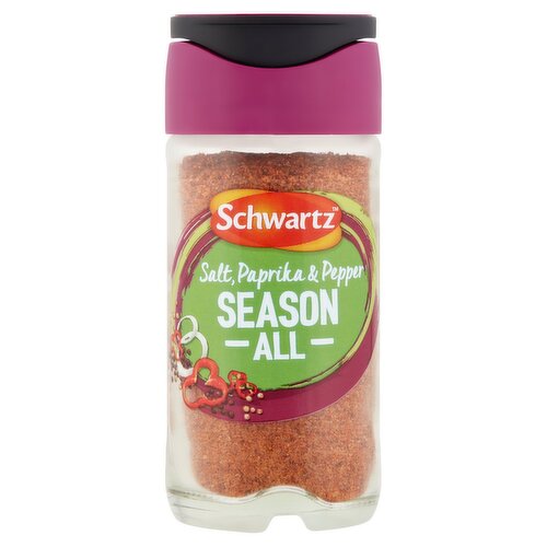 <b>Further Description</b><br/>For recipes and cooking suggestions visit: www.schwartz.co.uk<br/><br/><b>Pack Size</b><br/>70g ℮<br/><br/><b>Recycling Info</b><br/>Cap - Plastic - Check Local Recycling<br/>Jar - Glass - Widely Recycled<br/><br/><br/><b>Ingredients</b><br/>Salt<br/>Chilli Pepper<br/>Paprika (4%)<br/>Dried Onion (3%)<br/>Black Pepper (3%)<br/>Anti-Caking Agent (Sodium, Potassium and Calcium Salts of Fatty Acids)<br/>Garlic Powder<br/>Ground <span style='font-weight: bold;'>Celery</span> Seed<br/>Ground Nutmeg<br/>Colour (Paprika Extract)<br/>Ground Coriander Seed<br/>Cayenne Pepper<br/><br/><b>Storage Type</b><br/>Ambient<br/><br/><b>Storage</b><br/>Store in a cool, dry place out of direct sunlight.<br/><br/><b>Preparation and Usage</b><br/>1/2 Tsp = 2 Servings. Shake Well Before Use.<br/>
<br/>
Top Tips... Simply shake this all-purpose seasoning over your meals as an alternative to salt and pepper.<br/><br/>Country of Origin - Produce of the EU<br/><br/><b>Origin</b><br/>Produced in the EU<br/><br/><b>Company Name</b><br/>Schwartz<br/><br/><b>Company Address</b><br/>Pegasus Way,<br/>
Haddenham, <br/>
Aylesbury, <br/>
Bucks, <br/>
HP17 8LB.<br/><br/><b>Return To</b><br/>Get in touch: <br/>
Schwartz, <br/>
Pegasus Way,<br/>
Haddenham, <br/>
Aylesbury, <br/>
Bucks, <br/>
HP17 8LB.<br/>
Schwartz.enquiries@mccormick.co.uk<br/>