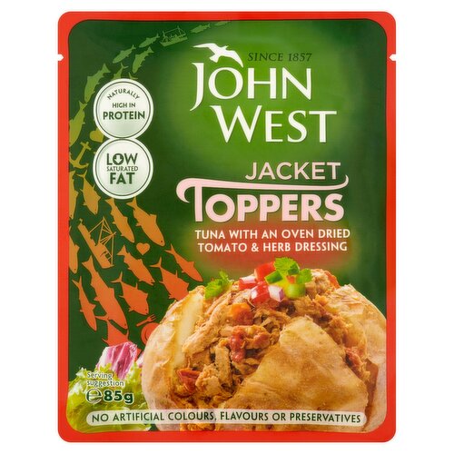 Tuna with an Oven Dried Tomato & Herb Dressing<br/><br/><b>Further Description</b><br/>Track your pack<br/>
100% Traceable<br/>
john-west.com<br/><br/><b>Nutritional Claims</b><br/>Naturally high in protein<br/>Low saturated fat<br/><br/><b>Features</b><br/>Naturally high in protein<br/>Low saturated fat<br/>No artificial colours, flavours or preservatives<br/><br/><b>Pack Size</b><br/>85g ℮<br/><br/><br/><b>Ingredients</b><br/><span style='font-weight: bold;'>Skipjack <span style='font-weight: bold;'>Tuna</span></span> (62%) (caught in the Western Pacific Ocean)<br/>Water<br/>Sunflower Oil<br/>Dried Tomatoes (5%)<br/>Spirit Vinegar<br/>Coriander Leaves<br/>Spring Onion<br/>Onion<br/>Sugar<br/>Garlic<br/>Modified Tapioca Starch<br/>Parsley<br/>Salt<br/><span style='font-weight: bold;'>Mustard</span> Powder<br/>Thickener: Xanthan Gum<br/>Black Pepper<br/><br/><b>Allergy Advice</b><br/>For allergens, see ingredients in <span style='font-weight: bold;'>bold</span><br/><br/><br/><b>Storage Type</b><br/>Ambient<br/><br/>Country of Origin - Thailand<br/><br/><b>Company Name</b><br/>John West Foods Ltd<br/><br/><b>Company Address</b><br/>Liverpool,<br/>
L3 1BP,<br/>
UK.<br/><br/><b>Web Address</b><br/>www.john-west.com<br/><br/><b>Return To</b><br/>Drop us a line at: ahoy-there@john-west.com<br/>
www.john-west.com<br/>
John West Foods Ltd,<br/>
Liverpool,<br/>
L3 1BP,<br/>
UK.<br/>