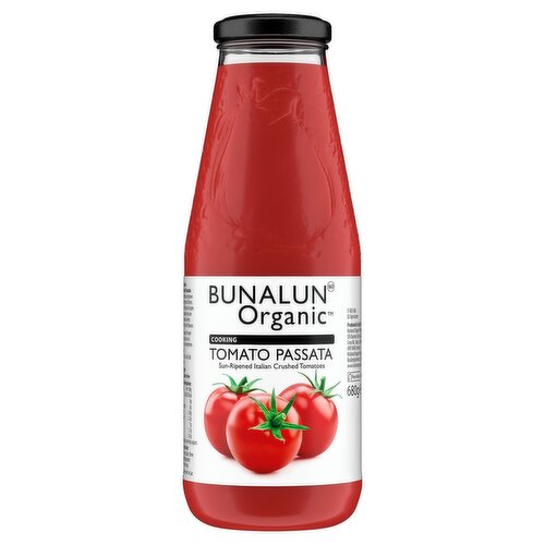 Crushed Tomato Passata<br/><br/><b>Nutritional Claims</b><br/>No added sugar<br/><br/><b>Features</b><br/>Organic<br/>GMO and gluten free<br/>No added sugar<br/><br/><b>Lifestyle</b><br/>No Added Sugar<br/>Organic<br/><br/><b>Pack Size</b><br/>680g ℮<br/><br/><br/><b>Ingredients</b><br/>Tomatoes*<br/>Sea Salt<br/>*Organic Origin<br/><br/><b>Storage Type</b><br/>Ambient<br/><br/><b>Storage</b><br/>Store in a cool dry place.<br/>
Once opened keep refrigerated and use within 4 days.<br/><br/><b>Preparation and Usage</b><br/>Uses: Bunalun Organic Crushed Tomato Passata is a versatile product & can be used as a base for pizza & pasta sauces.<br/><br/>Country of Origin - Italy<br/><br/><b>Origin</b><br/>Produced in Italy<br/><br/><b>Company Name</b><br/>National Organic Products Ltd.<br/><br/><b>Company Address</b><br/>Park Road,<br/>
Killarney,<br/>
V93 RD26,<br/>
Co. Kerry,<br/>
Ireland.<br/><br/><b>Telephone Helpline</b><br/>+353 (0) 64 663 1871<br/><br/><b>Web Address</b><br/>www.nationalorganic.com<br/><br/><b>Return To</b><br/>National Organic Products Ltd.,<br/>
Park Road,<br/>
Killarney,<br/>
V93 RD26,<br/>
Co. Kerry,<br/>
Ireland.<br/>
Tel: +353 (0) 64 663 1871<br/>
Fax: +353 (0) 64 663 1881<br/>
Email: info@nationalorganic.com<br/>
Web: www.nationalorganic.com<br/>
