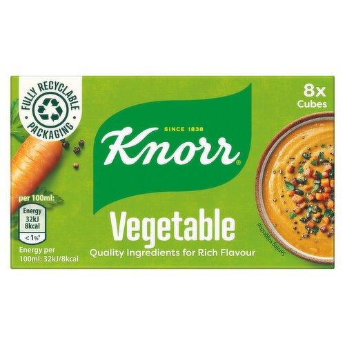 Vegetable Stock Cubes<br/><br/><b>Features</b><br/>Enhance the flavour of your vegetable-based, vegan and vegetarian meals with the full-bodied taste of Knorr Vegetable Stock Cubes<br/>Knorr Vegetable Stock Cubes contain quality ingredients such as sustainably grown vegetables to bring out the rich flavour of your dishes<br/>Simply add your stock cube to 450 ml of boiling water, add it directly into the dish, or mix it with a little olive oil and rub onto vegetables<br/>We’re on a mission to help the nation eat more vegetables as we believe it’s better for you and for the planet – helping to create a more sustainable food future by reinventing food for humanity<br/>Enjoy without worry – our gluten-free vegetable stock contains no added MSG and is free from artificial colours and preservatives<br/>The rich and flavourful taste of a Knorr stock cube is an easy way to make vegetarian meals stand out. Try it in a roasted cauliflower korma or look for recipe inspiration on the Knorr website<br/><br/><b>Pack Size</b><br/>80gram ℮<br/><br/><br/><b>Ingredients</b><br/>Salt, vegetable fats (palm, shea, sal), starch, yeast extract, sugar, onion powder † (2.3%), carrots † (1.5%), herbs (parsley †, tarragon), spices (CELERY seeds, garlic powder †, turmeric †, pepper, parsley root powder †), tomato puree powder †, red pepper †, flavourings (contain CELERY), caramel syrup, leek †, maltodextrin. † Sustainably grown<br/><br/><b>Allergy Advice</b><br/>For allergens, including Cereals containing Gluten, see ingredients in CAPITALS<br/><br/><br/><b>Storage</b><br/>Store in a cool, dry place<br/><br/><b>Preparation and Usage</b><br/>Asparagus Risotto Fry half onion in 1 tbsp oil, stir in 160g arborio rice. Gradually add 600ml boiling Knorr stock then 200g asparagus for last 5 mins of cooking. Finish with 10g Parmesan cheese<br/><br/>Country of Origin - Italy<br/><br/><b>Origin</b><br/>Italy<br/><br/><b>Company Name</b><br/>Unilever UK Ltd. / Unilever Ireland Ltd.<br/><br/><b>Company Address</b><br/>Unilever UK,<br/>
Knorr,<br/>
Freepost ADM3940,<br/>
London,<br/>
SW1A 1YR.<br/>
<br/>
Unilever Ireland,<br/>
20 Riverwalk,<br/>
Citywest,<br/>
Dublin 24.<br/>
<br/>
If you have any questions or comments, please phone on: (UK) Freephone 0800 731 1411 (Mon-Fri 8am-6pm) (IE) Callsave 1850 28 10 27 (Mon-Fri 8am-6pm)<br/><br/><b>Telephone Helpline</b><br/>(UK) Freephone 0800 281 026<br/>
(IE) Callsave 1850 281 026<br/><br/><b>Web Address</b><br/>www.knorr.co.uk<br/><br/><b>Return To</b><br/>Unilever UK,<br/>
Knorr,<br/>
Freepost ADM3940,<br/>
London,<br/>
SW1A 1YR.<br/>
Knorr.co.uk<br/>
<br/>
Unilever Ireland,<br/>
20 Riverwalk,<br/>
Citywest,<br/>
Dublin 24.<br/>