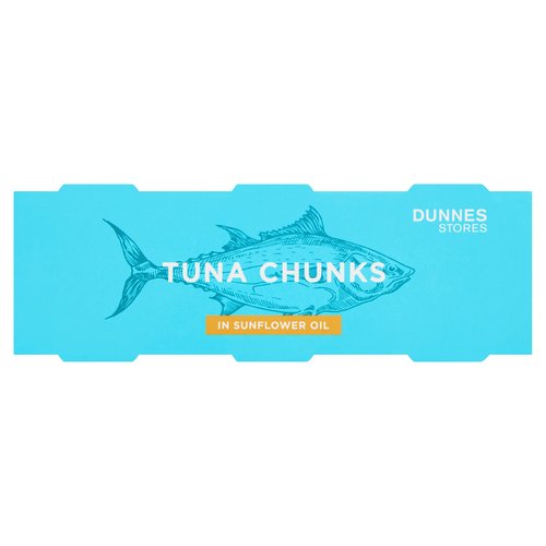 Skipjack Tuna Chunks in Sunflower Oil<br/><br/><b>Nutritional Claims</b><br/>High in protein<br/><br/><b>Features</b><br/>Ready to eat<br/>Responsibly sourced<br/>High in protein<br/><br/><b>Pack Size</b><br/>80g ℮<br/><br/><b>Usage Other Text</b><br/>Number of servings per pack: 3<br/><br/><b>Usage Count</b><br/>Number of uses - Servings - 3<br/><br/><br/><b>Ingredients</b><br/>Skipjack Tuna (Katsuwonus pelamis) (<span style='font-weight: bold;'>Fish</span>) (70%)<br/>Sunflower Oil<br/>Salt<br/><br/><b>Allergy Advice</b><br/>For allergens, see ingredients in <span style='font-weight: bold;'>bold</span>.<br/><br/><br/><b>Number of Units</b><br/>3<br/><br/><b>Safety Warning</b><br/>CAUTION: Whilst every effort has been made to remove all bones, some may remain.<br/><br/><b>Storage Type</b><br/>Ambient<br/><br/><b>Storage and Usage Statements</b><br/>Ready to Eat<br/><br/><b>Storage</b><br/>Store in a cool dry place. Once opened, store in an airtight container, keep refrigerated and consume within 2 days.<br/><br/>Country of Origin - Spain<br/>Packed In - Spain<br/><br/><b>Origin</b><br/>Produced and packed in Spain<br/><br/><b>Company Name</b><br/>Dunnes Stores<br/><br/><b>Company Address</b><br/>46-50 South Great George's Street,<br/>
Dublin 2.<br/>
<br/>
Store 3,<br/>
Forestside S.C.,<br/>
Upr. Galwally Rd.,<br/>
Belfast,<br/>
BT8 6FX.<br/><br/><b>Return To</b><br/>Dunnes Stores,<br/>
46-50 South Great George's Street,<br/>
Dublin 2.<br/>
<br/>
Dunnes Stores,<br/>
Store 3,<br/>
Forestside S.C.,<br/>
Upr. Galwally Rd.,<br/>
Belfast,<br/>
BT8 6FX.<br/>