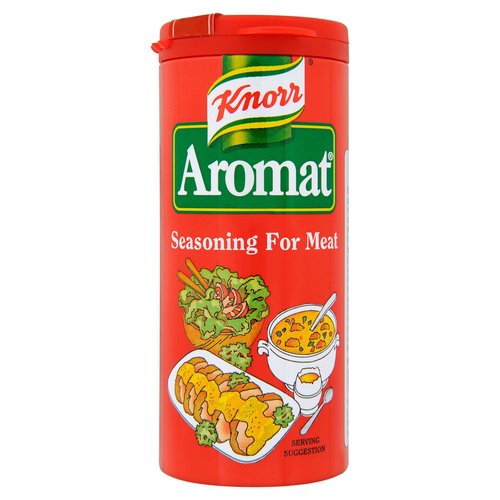 Seasoning for Meat<br/><br/><b>Features</b><br/>Free from artificial colours or preservatives<br/>Suitable for vegetarians<br/><br/><b>Lifestyle</b><br/>Suitable for Vegetarians<br/><br/><b>Pack Size</b><br/>85g ℮<br/><br/><br/><b>Ingredients</b><br/>Salt<br/>Flavour Enhancer (Monosodium Glutamate)<br/>Spices (11%) (Garlic Powder, Pepper, Coriander, Paprika, Onion Powder, Cardamom, Cumin, Cayenne Pepper, CELERY Seeds, Cloves)<br/>WHEAT Flour<br/>Yeast Extract<br/>Herbs (3%) (Basil, Parsley, Chervil, Tarragon, Bay Leaves)<br/>Sunflower Oil<br/>Palm Fat<br/>Citric Acid<br/>Mushroom Powder<br/><br/><b>Storage Type</b><br/>Ambient<br/><br/><b>Storage</b><br/>Store in a cool dry place.<br/>
Best before end (see lid).<br/><br/><b>Preparation and Usage</b><br/>Knorr Aromat is an ideal seasoning for all meats, especially steak, chops, roasts, poultry and hamburgers! Just sprinkle on meat to give your meat dishes a unique and exciting flavour.<br/>
<br/>
Close cap after use.<br/><br/><b>Company Name</b><br/>Unilever Ireland<br/><br/><b>Company Address</b><br/>Citywest,<br/>
Dublin 24.<br/><br/><b>Trademark Information</b><br/>Knorr, Unilever Device and Aromat are registered trademarks.<br/><br/><b>Telephone Helpline</b><br/>Please Call Mon-Fri 8am-6pm (Callsave) 1850 28 10 27<br/><br/><b>Web Address</b><br/>www.knorr.ie<br/><br/><b>Return To</b><br/>Unilever Ireland,<br/>
Citywest,<br/>
Dublin 24.<br/>
www.knorr.ie<br/>
Any comments or questions?<br/>
Please Call Mon-Fri 8am-6pm (Callsave) 1850 28 10 27<br/>